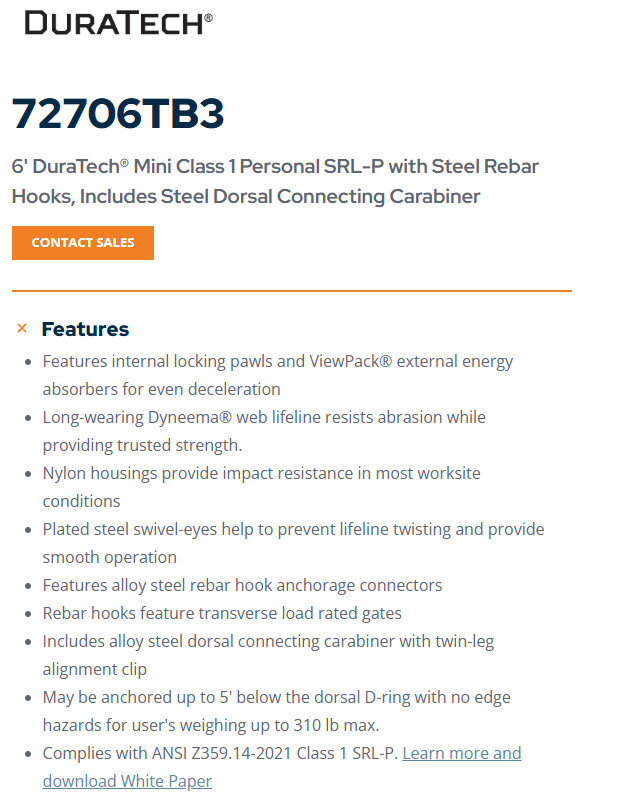 FallTech 72706TB3 Duratech 6' Mini Class 1 Personal SRL-P w/ Steel Rebar Hooks
