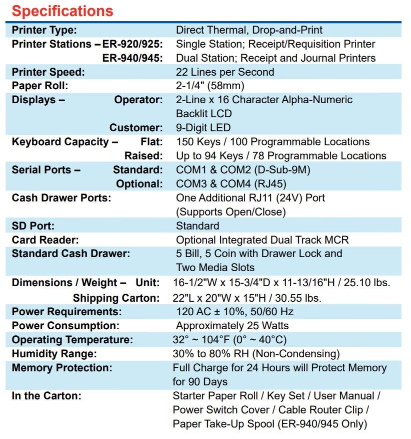 SAM4S ER-940 (FLAT Keyboard) Electronic Cash Register NEW W/ Factory Warranty