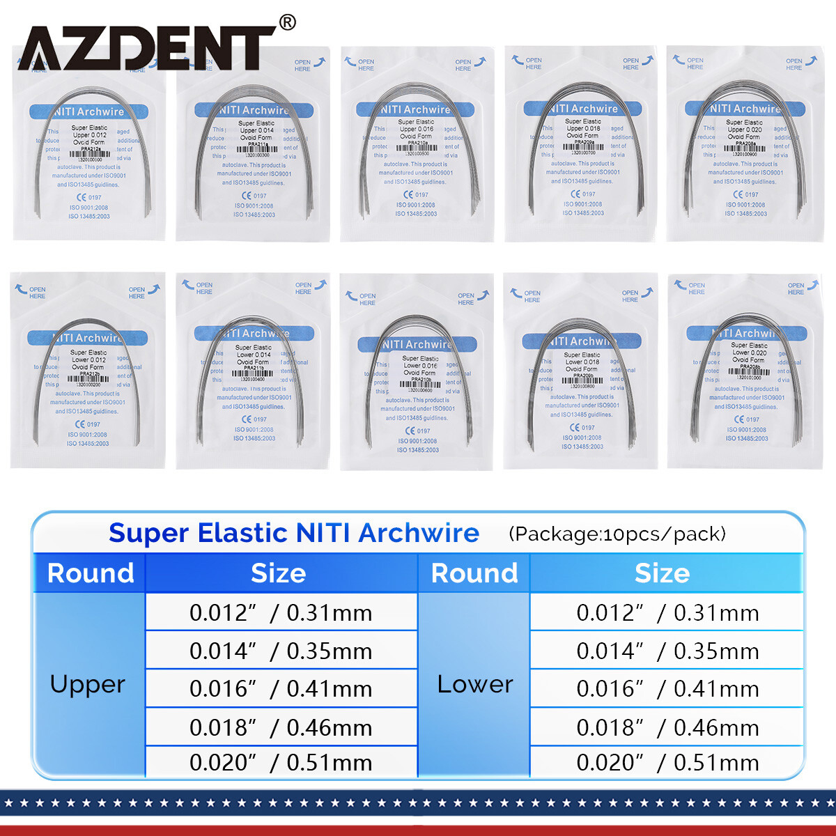 AZDENT Dental Orthodontic Brackets Mini Roth/MBT 022 Hooks 345/10Size Arch Wires