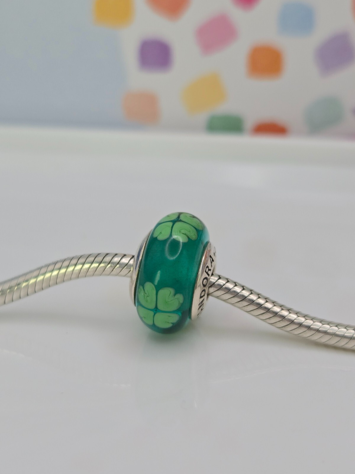 Authentic Pandora Green Lucky Clover Murano Silver Bead glass moments Charm