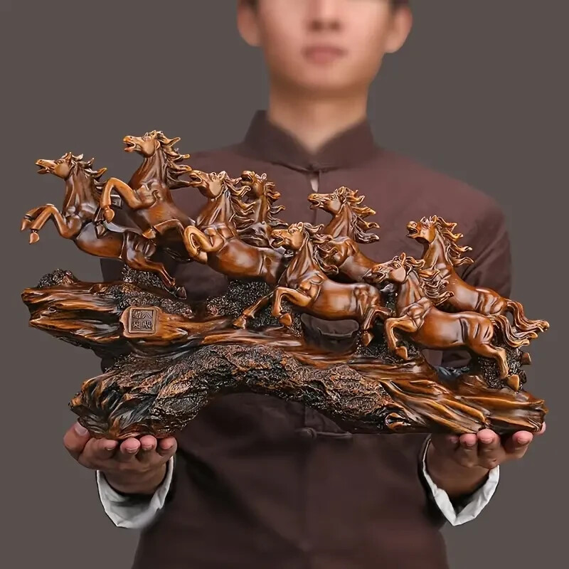 NEW 14" Stunning 8 Horse Stampede! Woodsy Brown Resin Figurine Sculpture 8x14