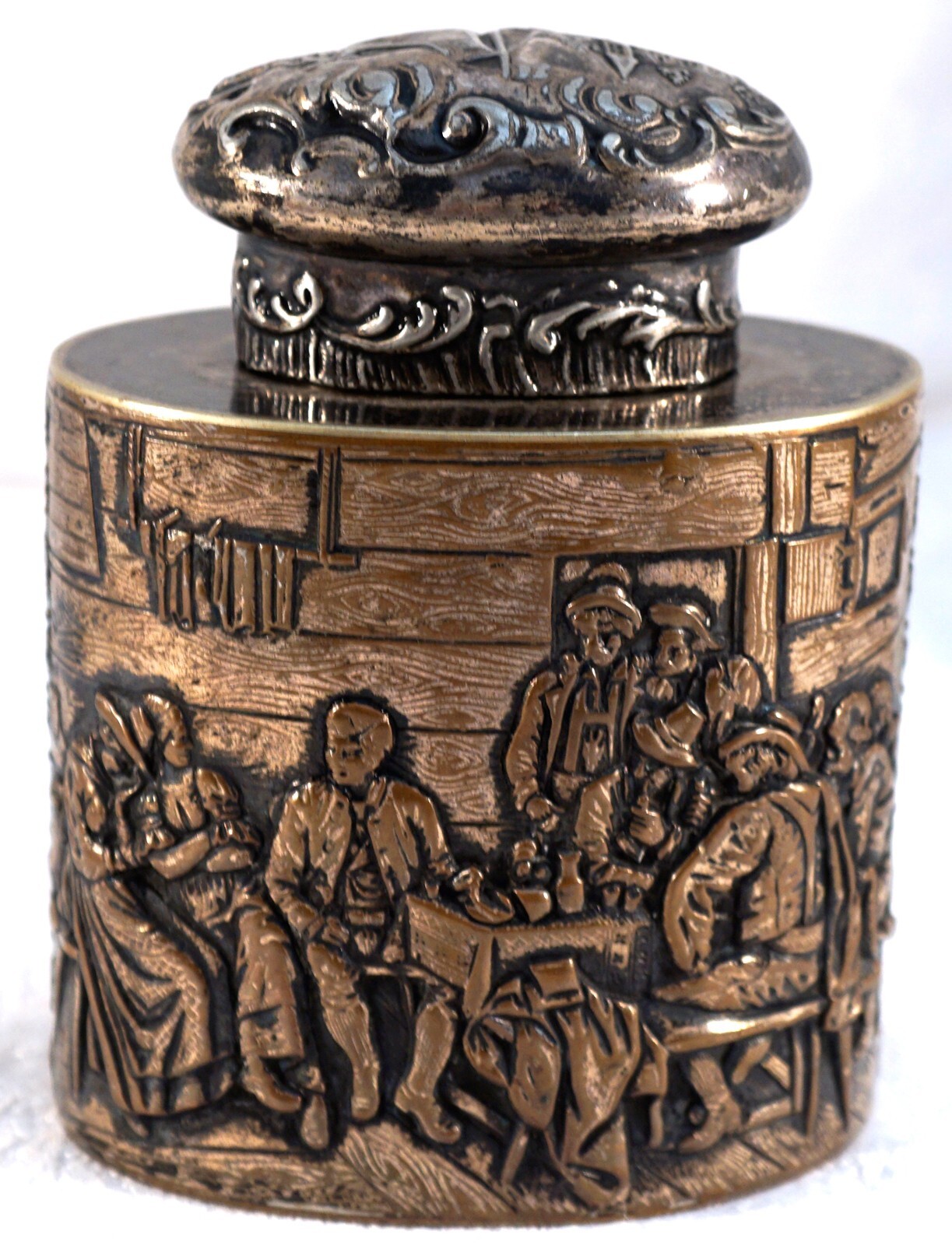 Silver Over Copper Repousse Lidded Jar Scenery of People - Sailboat on Lid