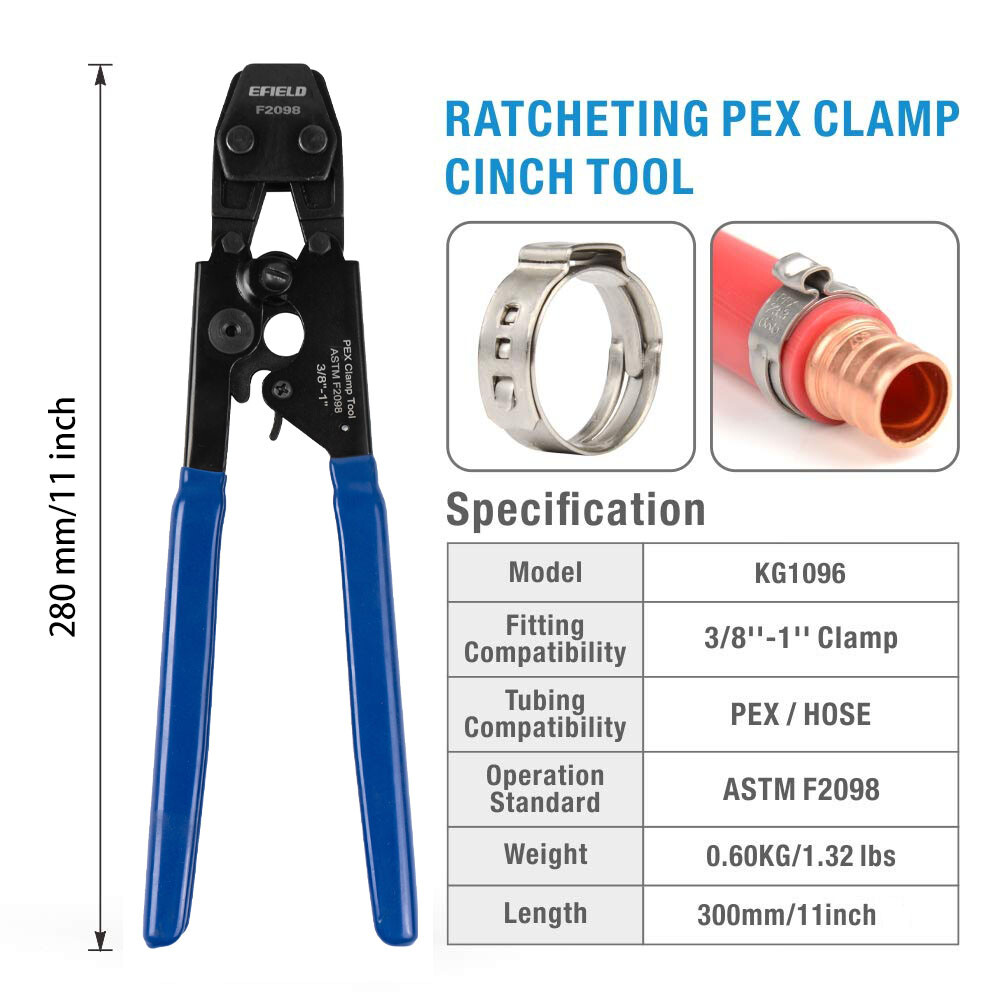 EFIELD PEX CINCH CLAMP CRIMPING TOOL & CUTTER,GAUGE+ 30 1/2" ,3/4" CLAMPS IN BAG