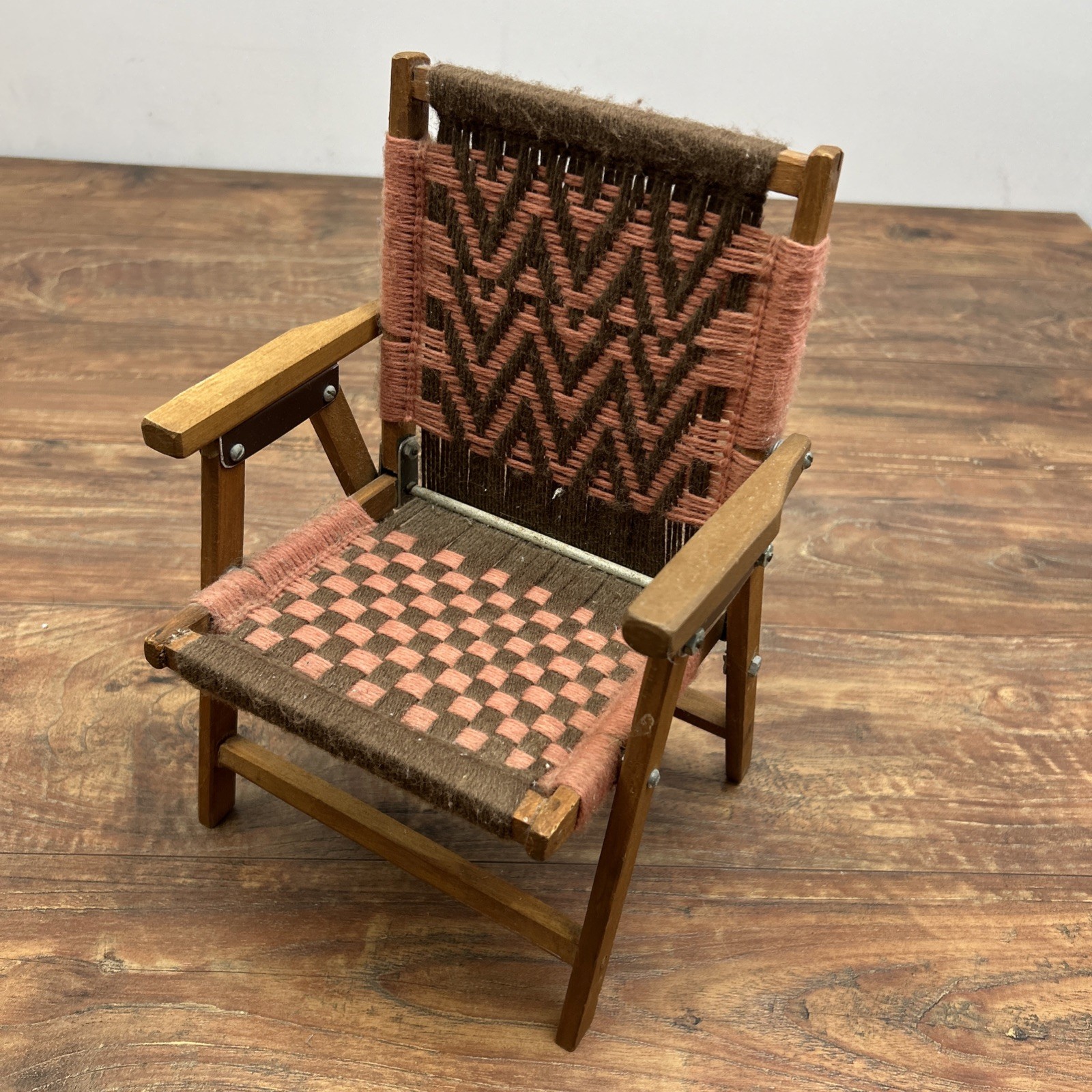 Macrame Wooden Folding Baby Doll Chair Vintage Handwoven Brown Pink ** DOLL SIZE
