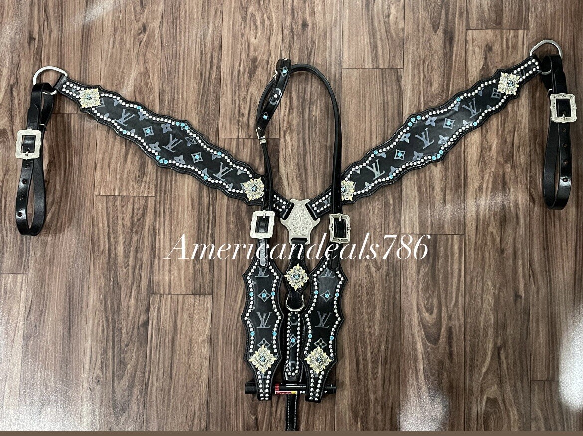 Western Black Leather Bling Tack Set With Black Reflective Leather And Studs