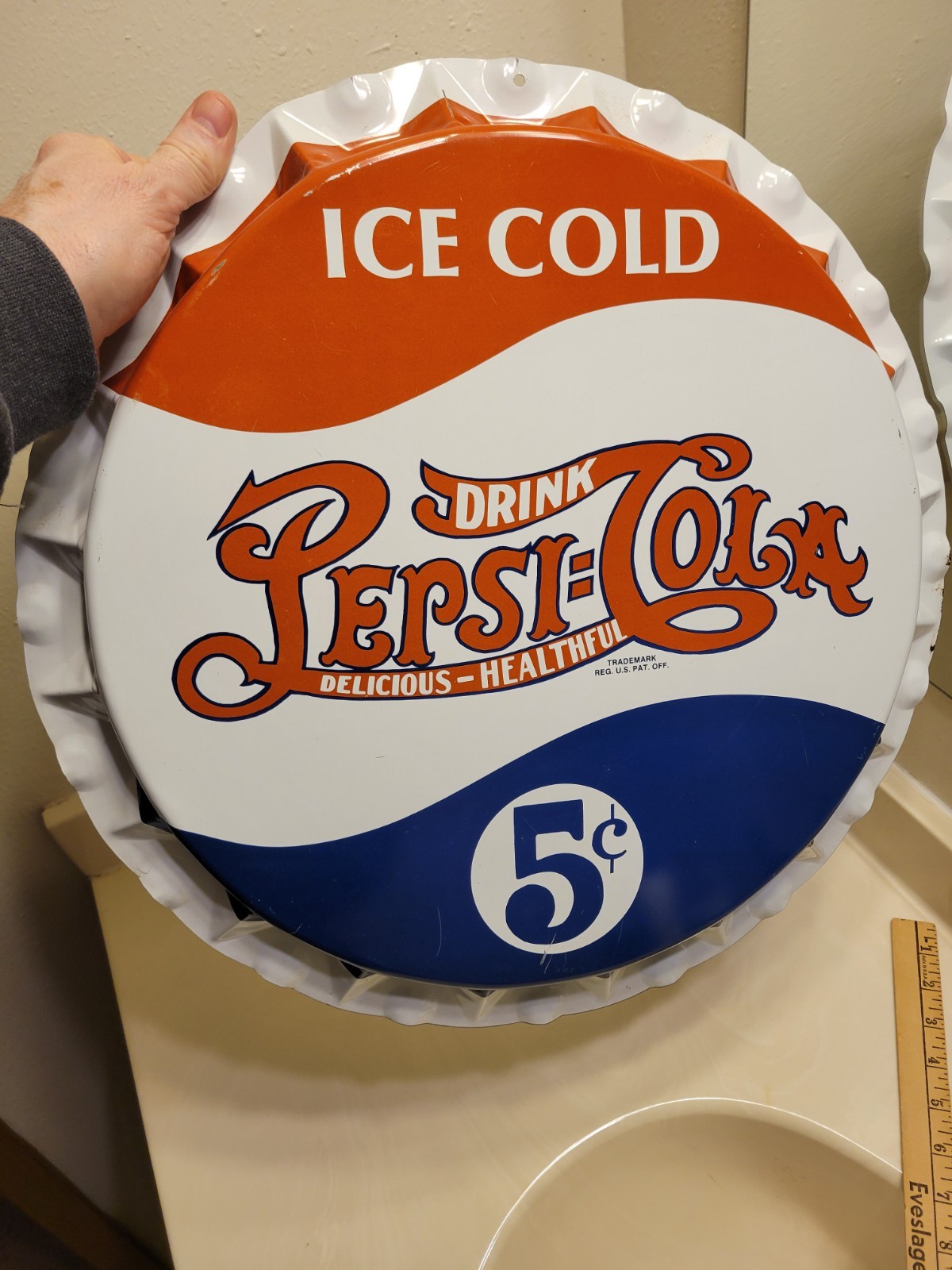 VINTAGE PEPSI:COLA DOUBLE DOT BOTTLE CAP METAL SIGN / 19"x 2" DIMENSIONS