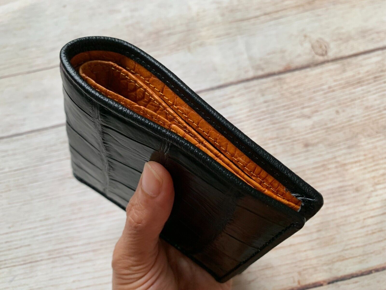 Black/Orange Leather Bifold Wallet Handmade RFID Blocking