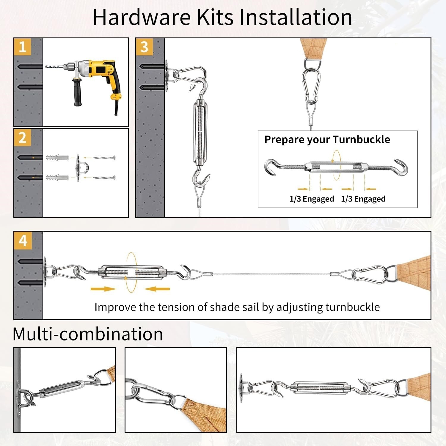 Kit de herrajes para velas de sombra con cable de acero 40 herrajes con 4 cables