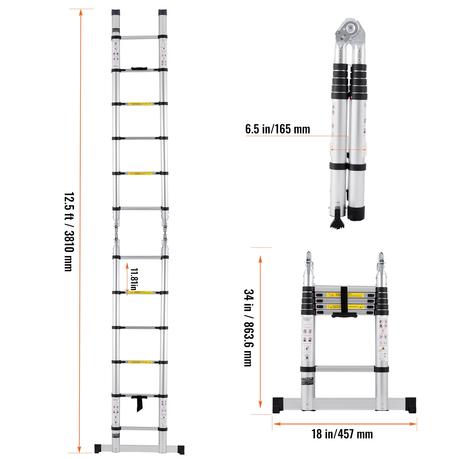 Uimoso 12.5FT A-Frame Aluminum Telescopic Ladder with Stabilizer Bar for RV Use