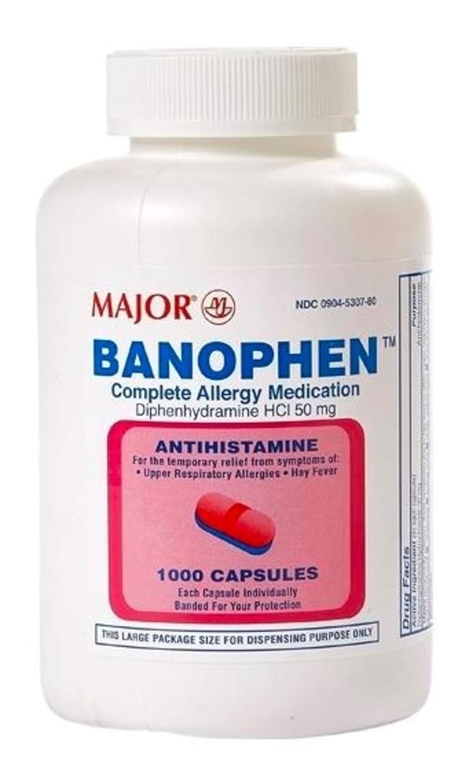 Generic Benadryl Major Banophen Antihistamine Diphenhydramine 50mg Caps 1000ct