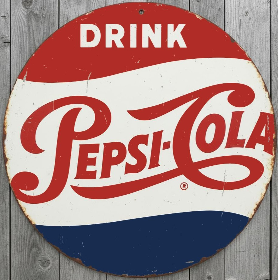 Drink Pepsi-Cola 8" Diameter Vintage Novelty Metal Sign Made In USA