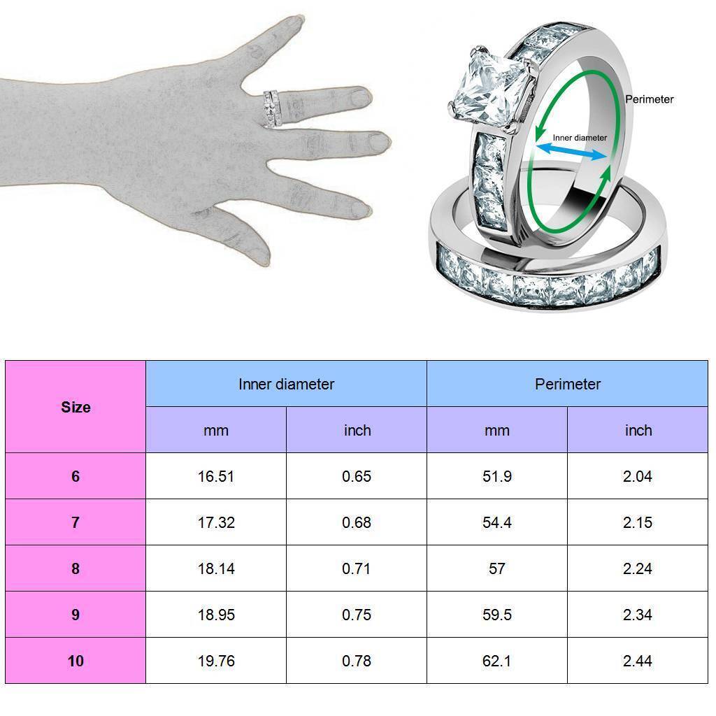 Princess Round Cut AAA CZ Stainless Steel Wedding Band Ring Set Women Size 6-10