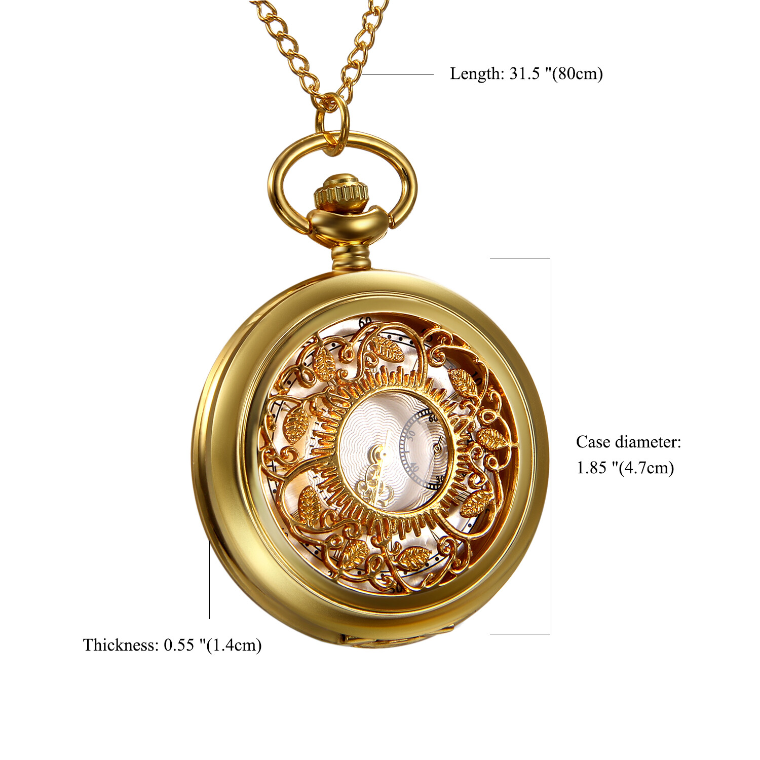 Antique Gold Tone Floral Patterned Quartz Pocket Watch Necklace Sweater Chain