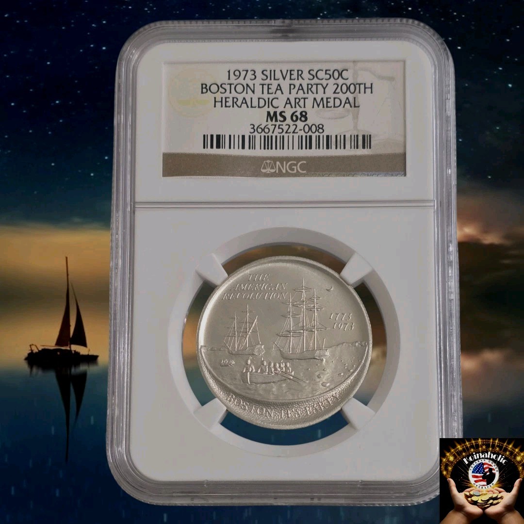 1973 Silver Boston Tea Party, NGC MS68, 200th Anniversary American Revolution