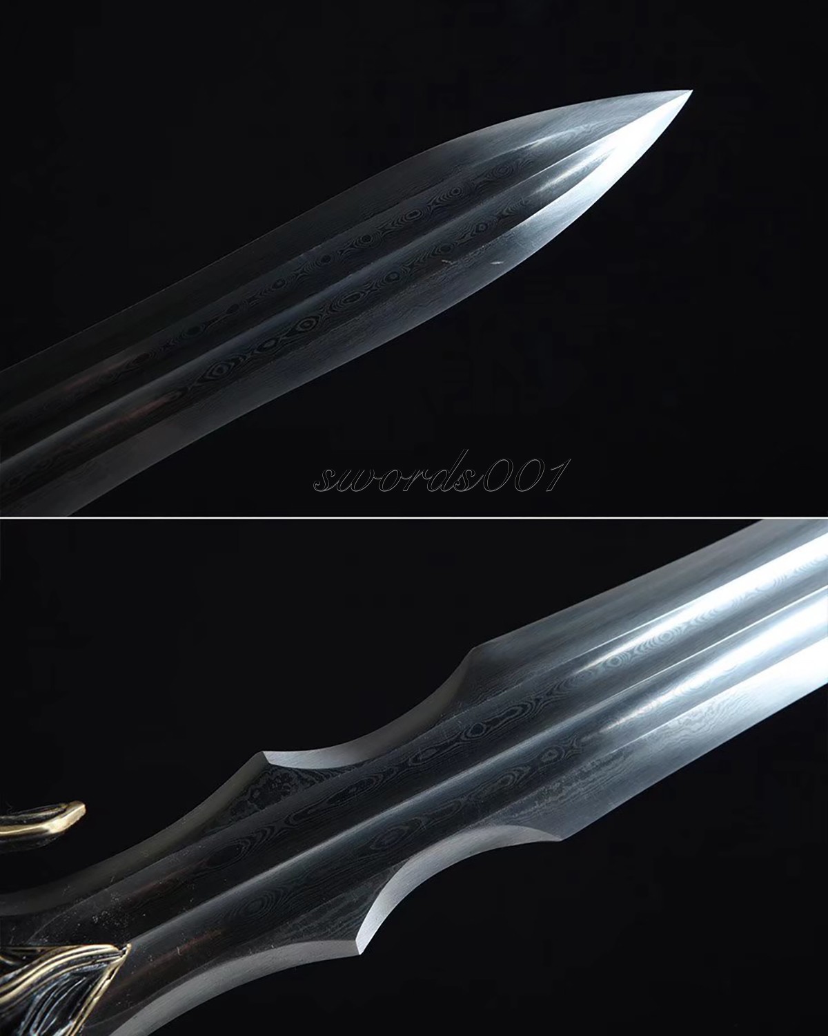 Handmade Exquisite Brass Handle Short Sword Damascus Steel Blade Leather Sheath