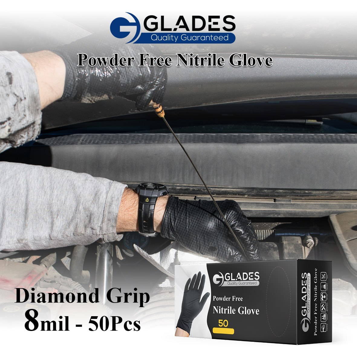GLADES™ 8 Mil Heavy Duty Nitrile gloves Diamon Texture Indutrial Mechanic Gloves