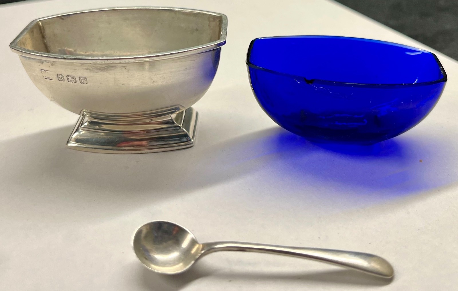 Antique Art Deco Charles Packer & Co Sterling Silver Salt Cellar & Spoon Cobalt