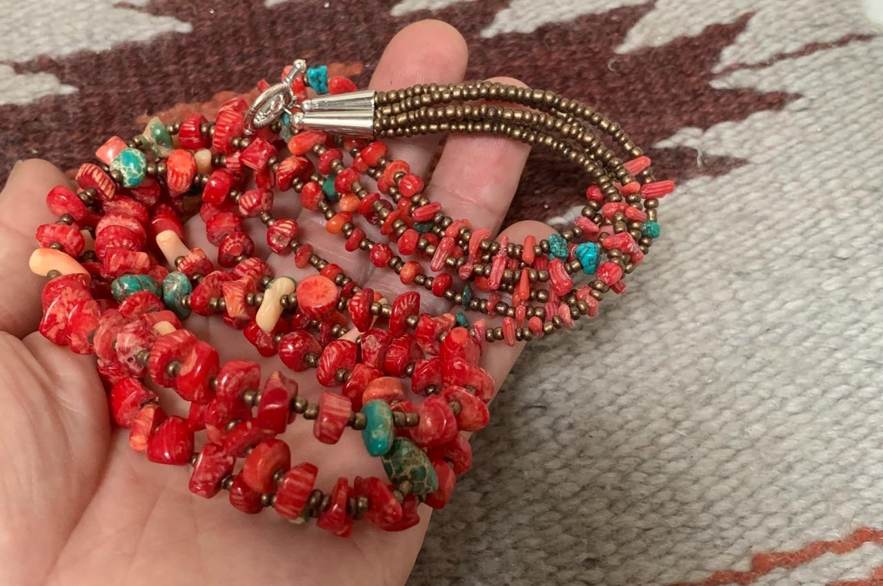 Multi-strands coral/turquoise nugget necklace//24" (t316c-w2.5)