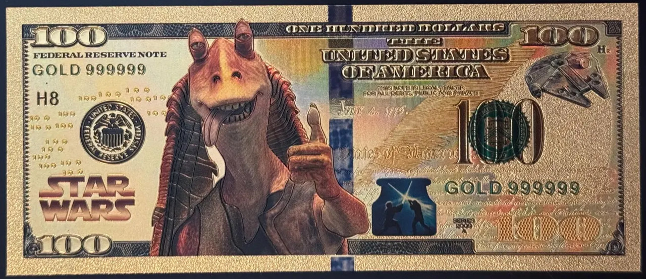 24k Gold Plated Jar Jar Binks Star Wars Banknote Collectible Bill
