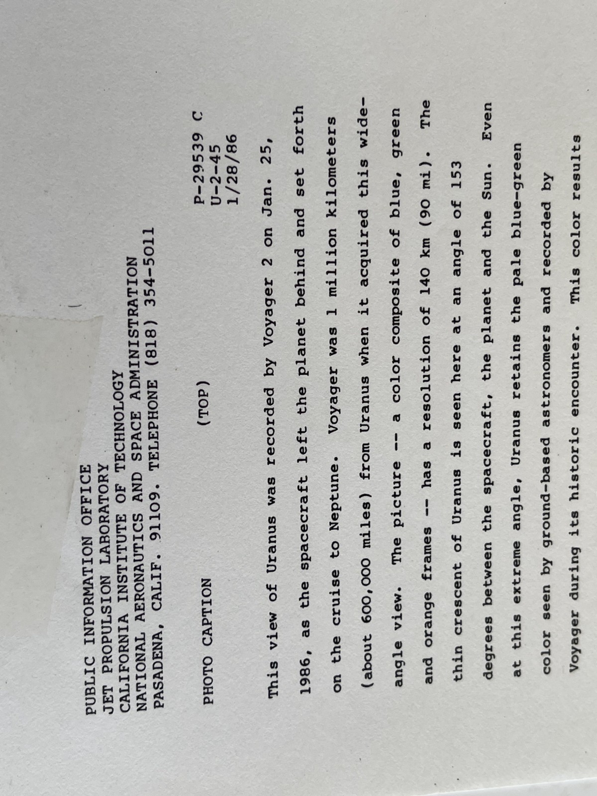 VINTAGE SPACE NASA PHOTO URANUS VOYAGER JPL KODAK PAPER