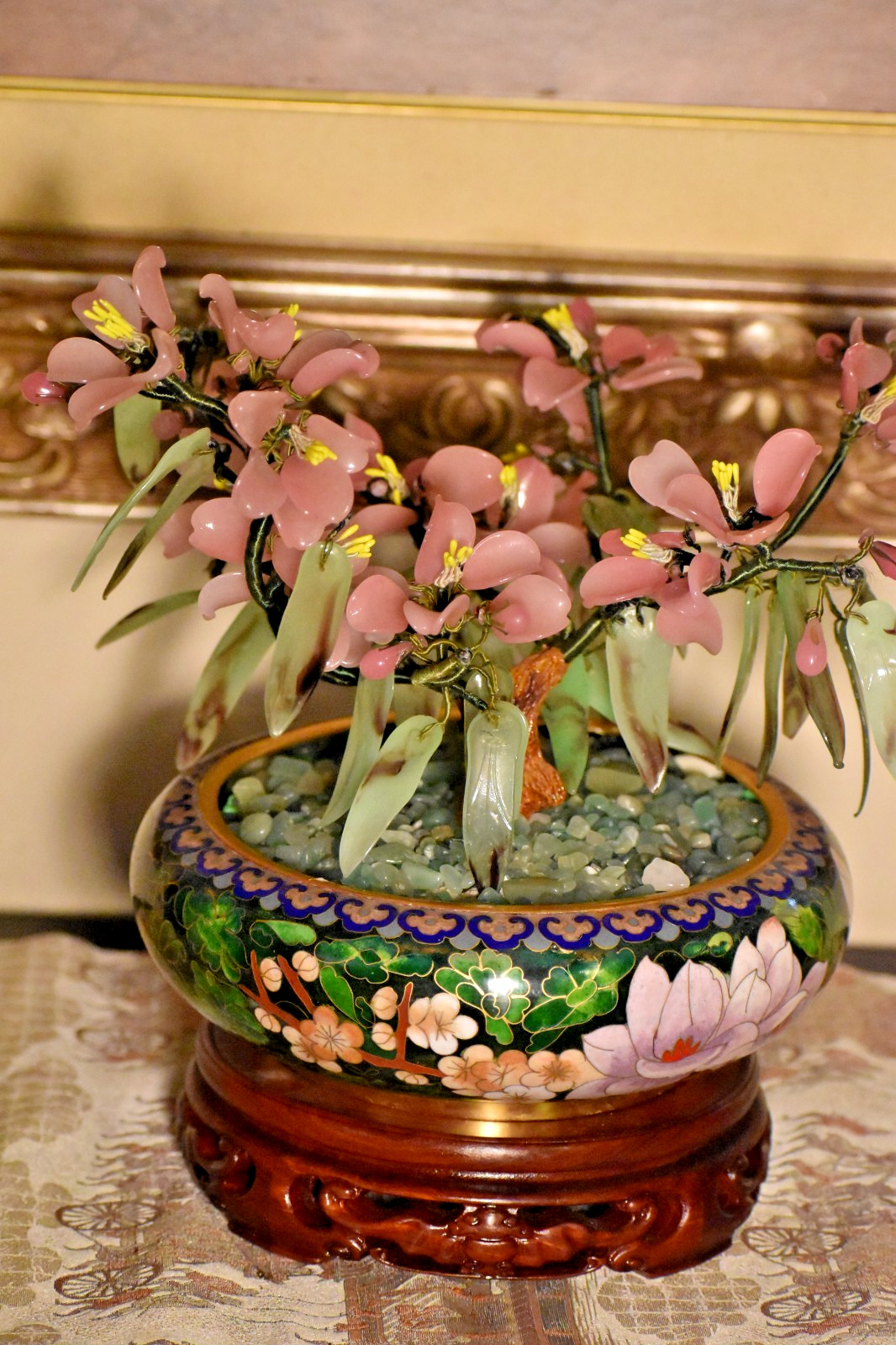 12" VINTAGE BONSAI PEKING JADE TREE IN CLOISONNE BOWL W/EBONY HANDCARVED STAND