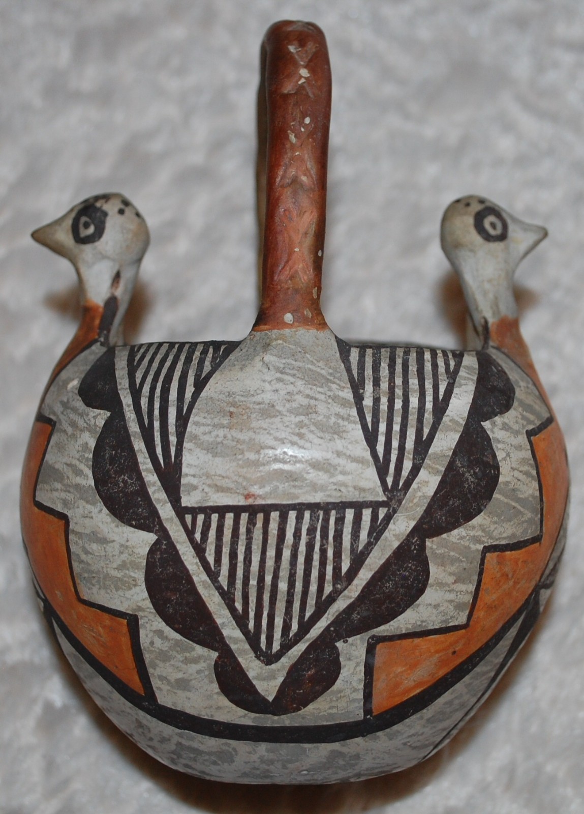 Early Isleta Double-Headed Pottery Bowl w/eight X engraved handle-1910-1920's