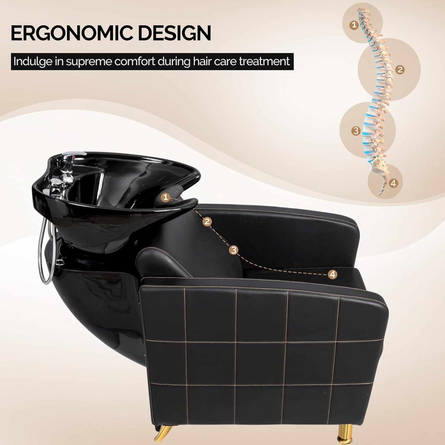 Ergonomic Backwash Hair Chair with Porcelain Bowl and Silicone Neck Pillow Black