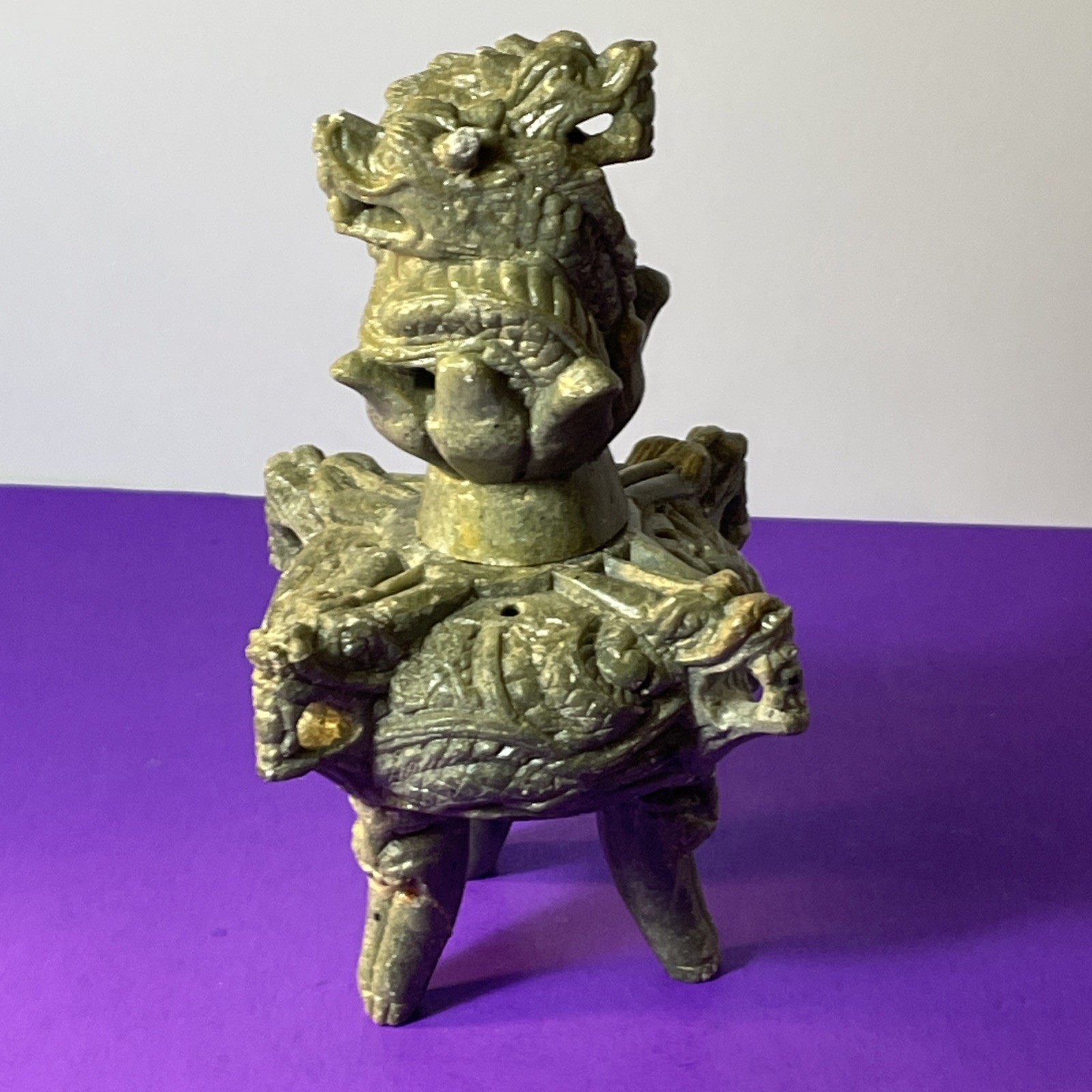 Chinese Stone TRIPOD Jar Lidded Dragon Lion Carved Two Piece Incense Burner