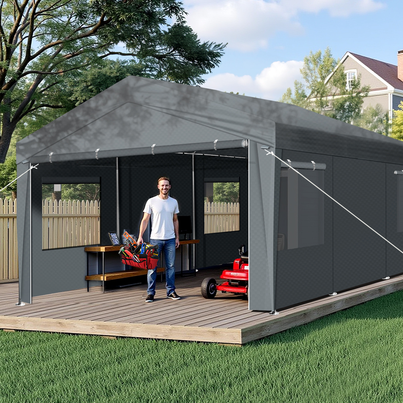 Carport Car Canopy Garage Shelter Tent 12x20FT 8 Legs Sidewalls & Windows