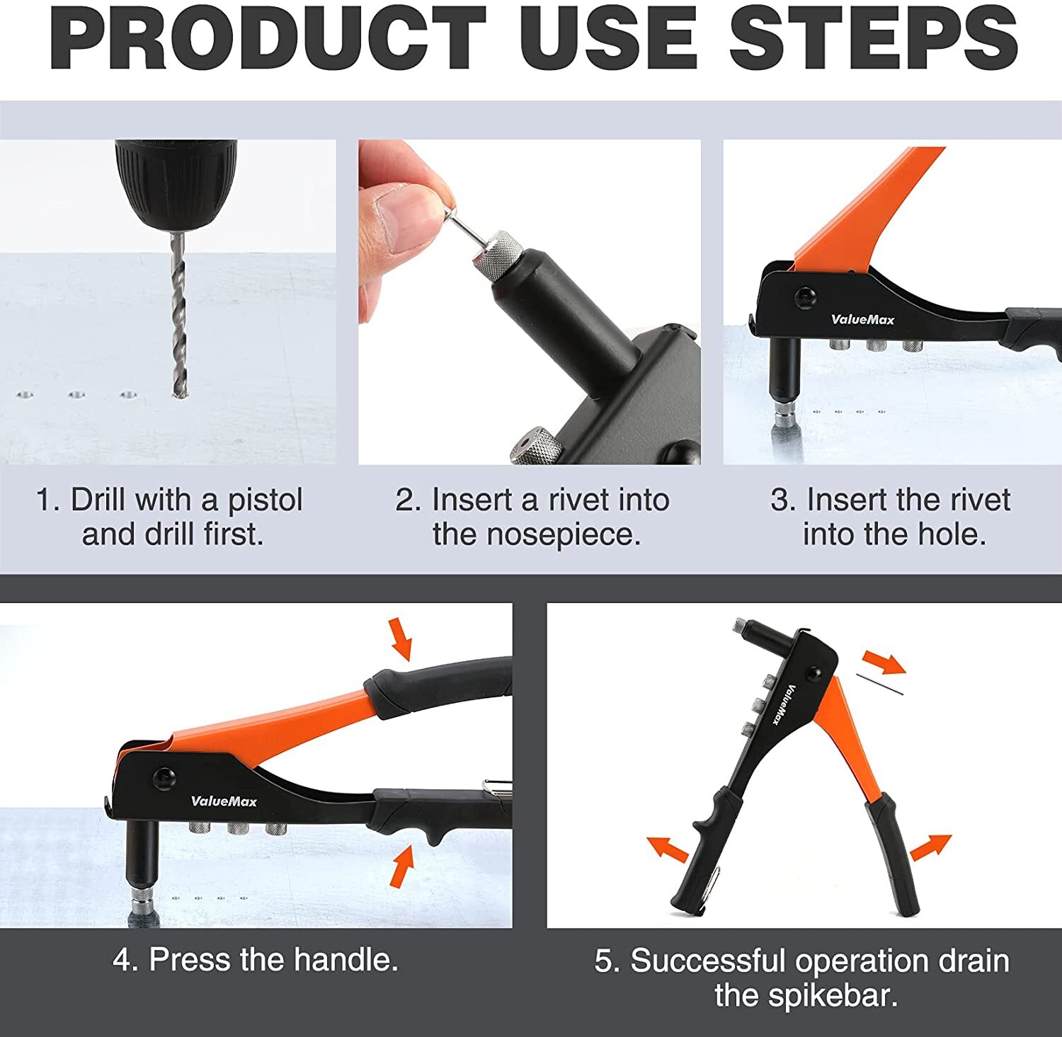 ValueMax 4-in-1 Hand Riveter/Rivet Gun Pop Rivet Tool Kit with 200 Rivets Steel