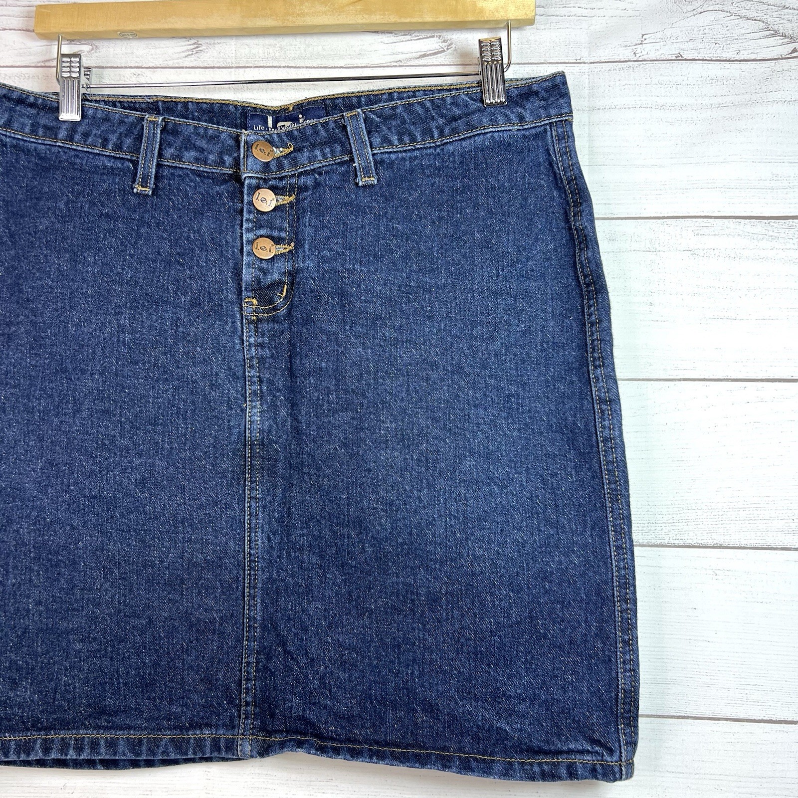 Vintage L.E.I Blue Denim Jean Mini Skirt Size 13 Y2K 90s Cotton Dark Wash