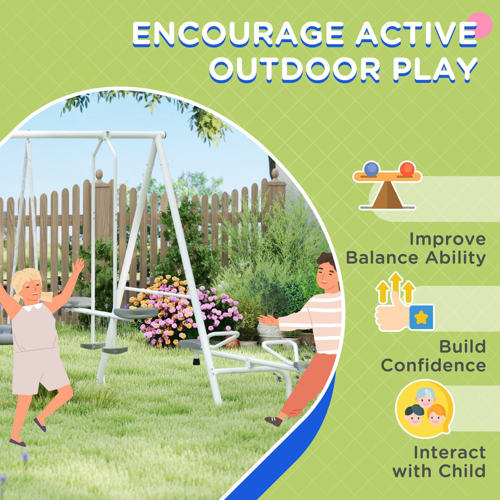 Outsunny Metal Swing Set for Kids with Double Swings Slide Seesaw Glider