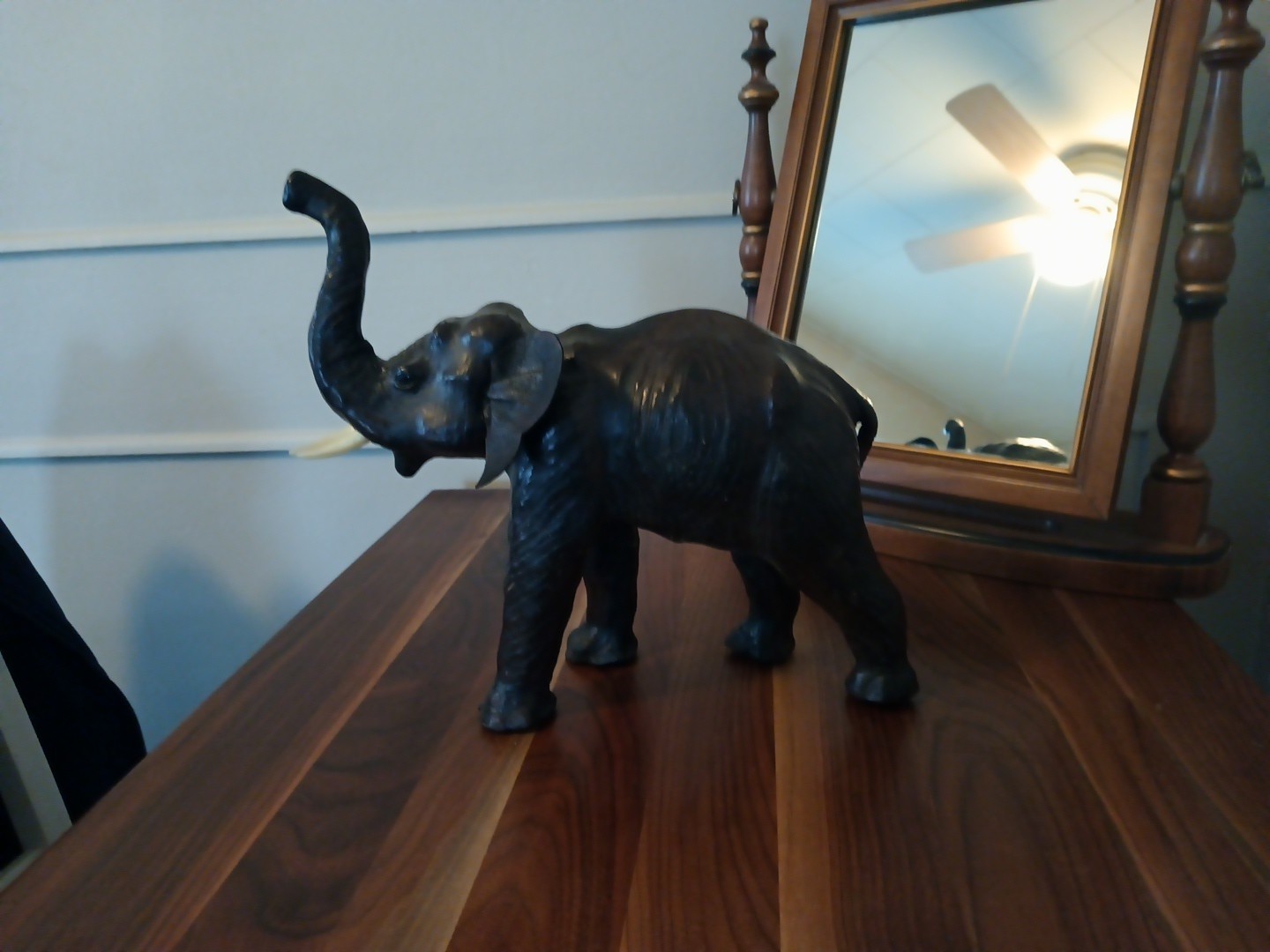 Elephant Large Leather 13" Brown Roaring Elephant Vintage Art Statue Lucky