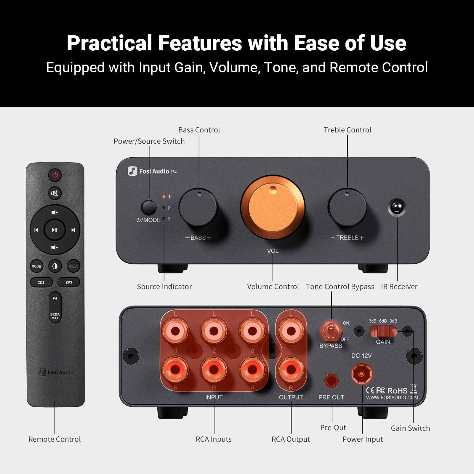 Fosi Audio P4 Mini Preamplifier Bass & Treble Control Gain Adjustable W/3 Inputs