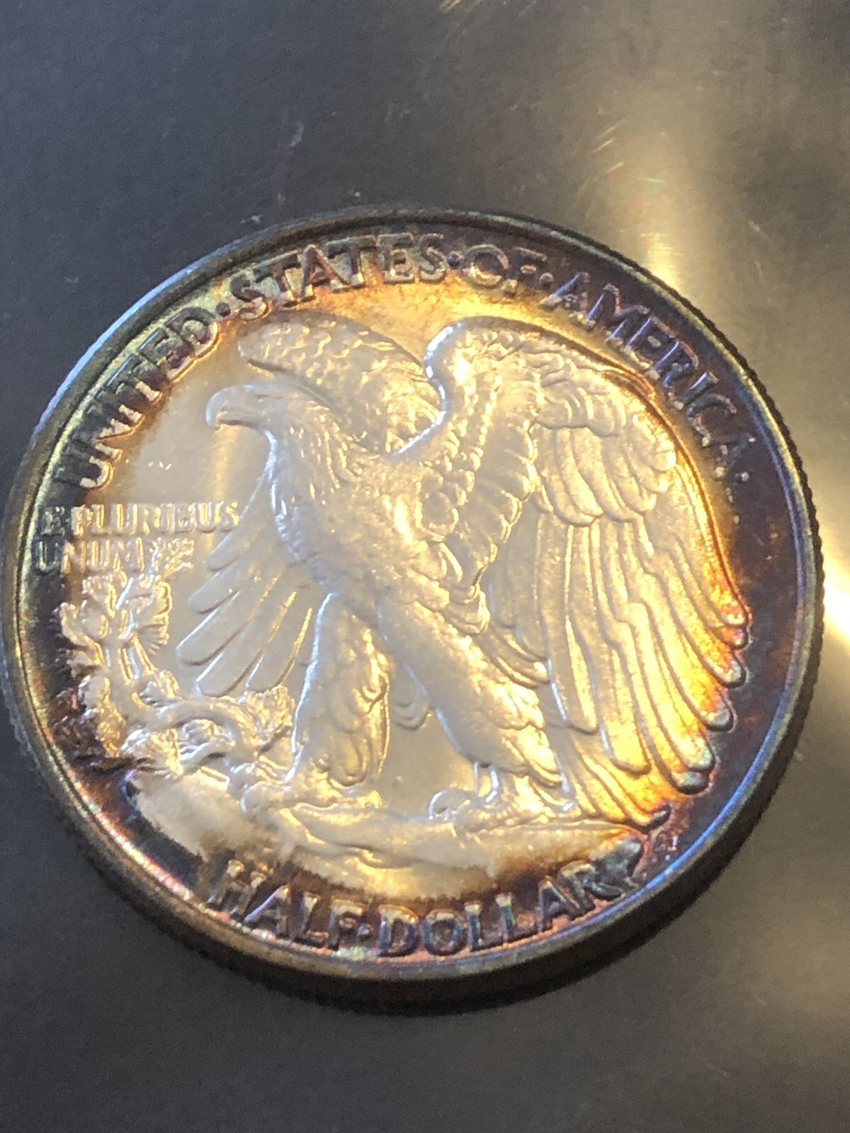 1945 W Walking Liberty Half Dollar Rainbow Toned BU