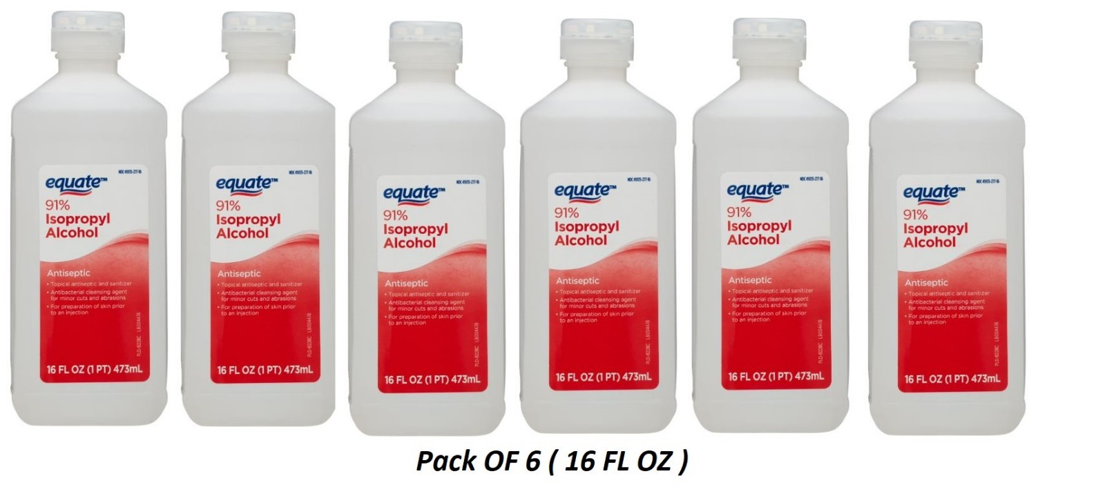 Equate 91% Isopropyl Alcohol Antiseptic Liquid, Resealable, 6 PACK, 6 x 16 fl oz