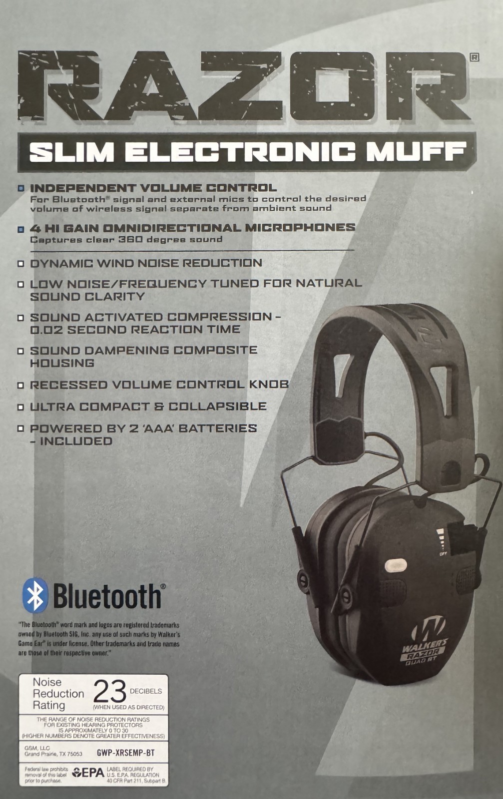 Walker's Razor Quad Bluetooth Tacti-Grip Slim Digital Muff Ear Protection | NEW