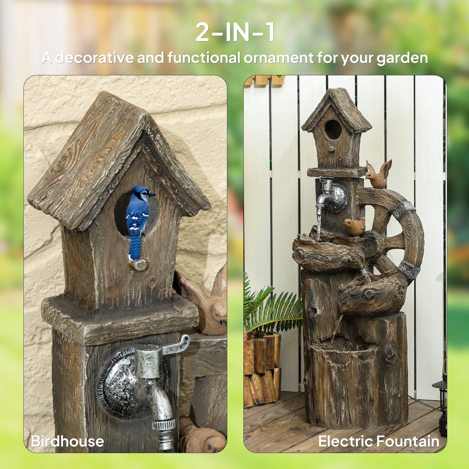 2-in-1 Outdoor Water Fountain Birdhouse Tree Trunk Water Feature