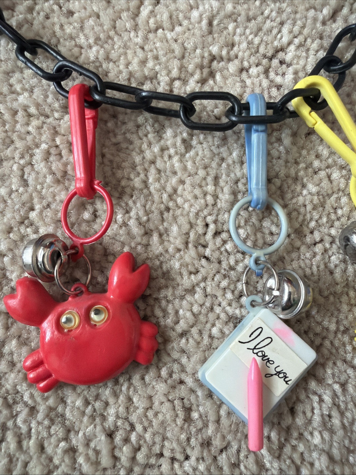 VNTG 80’s Plastic Bell Charm Necklace Chain Clip On Charms Crab Cherries Guitar