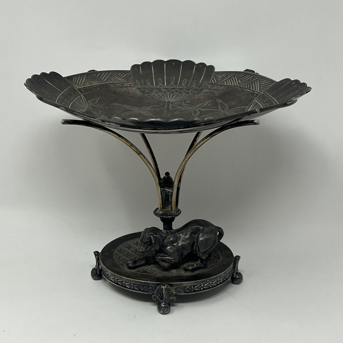 Antique Dog Figural Calling Card ? Silver Plate Tray Stand Simpson Hall Miller