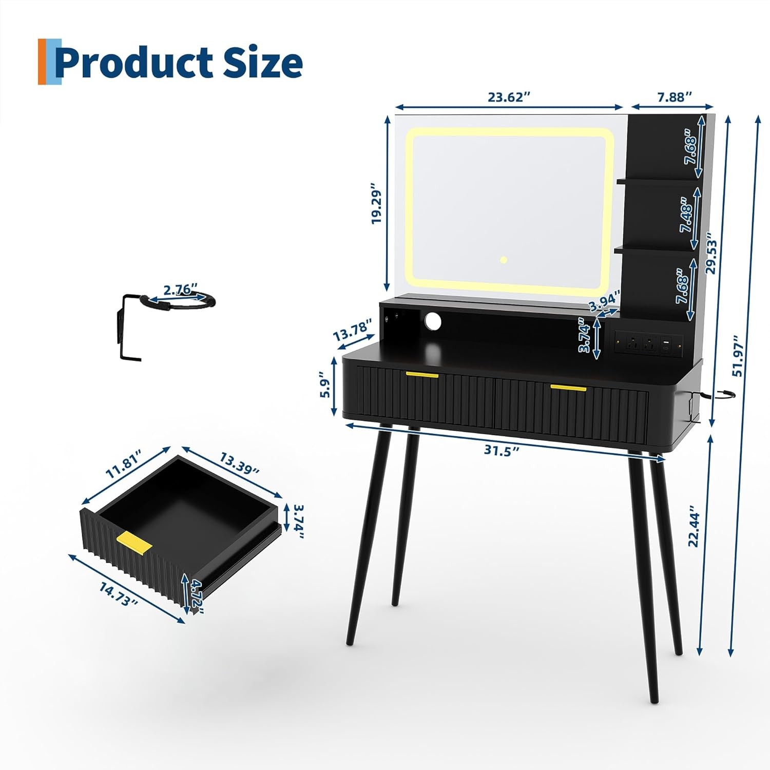 31 in Makeup Vanity Desk Table with Mirror and Lights, Power Outlet & Storage
