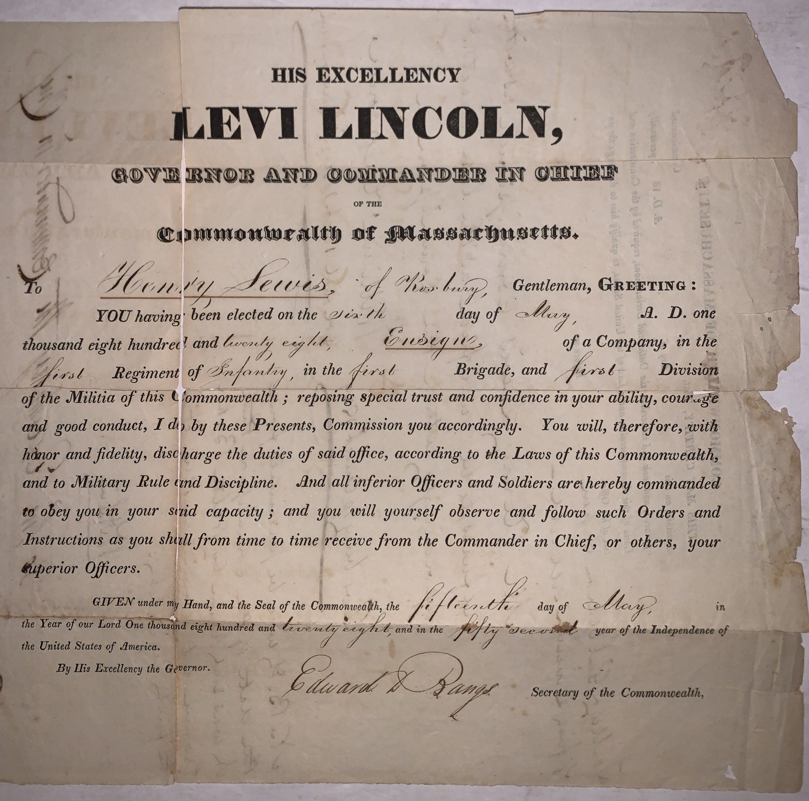1828, SIGNED by LEVI LINCOLN, JR, MASSACHUSETTS MILITIA COMMISSION, w STATE SEAL
