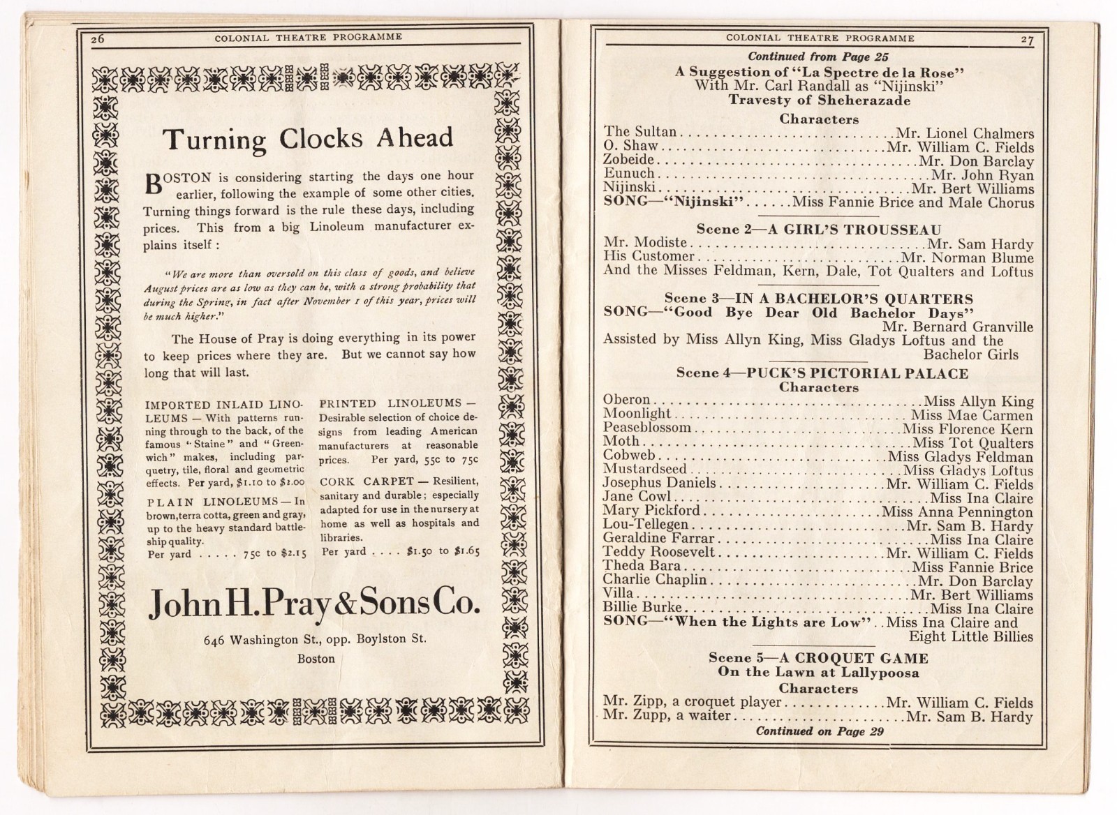 W. C. Fields "ZIEGFELD FOLLIES of 1916" Fannie Brice / Will Rogers 1916 Program