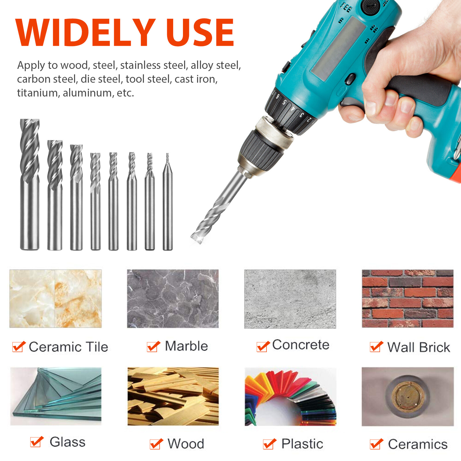 8Pcs 4 Flute Solid End Milling Cutter Drills Bits 1/16"-1/2" HSS Slot Tool Set