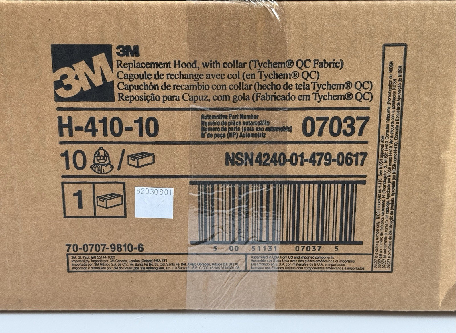 Box of 10 - 3M Hood H-410-10 / 07037(AAD) with Collar QC for PAPR , H-410 New