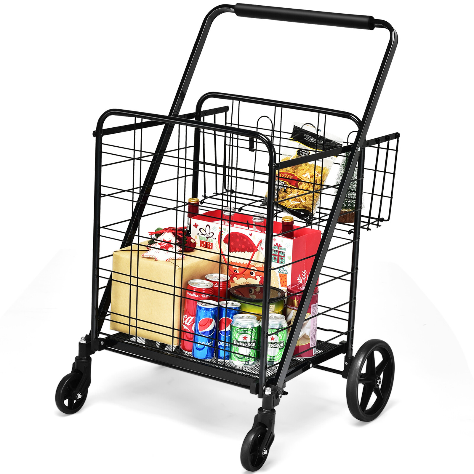 Heavy Duty Folding Shopping Cart Utility Jumbo Double Basket 330lbs Black