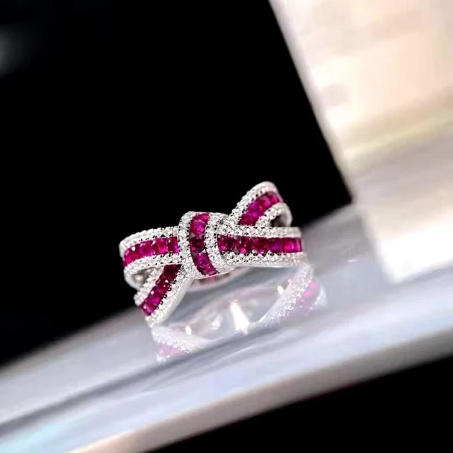 3Ctw Round Lab Created Pink Ruby Bow Knot Engagement Ring 14K White Gold Plated