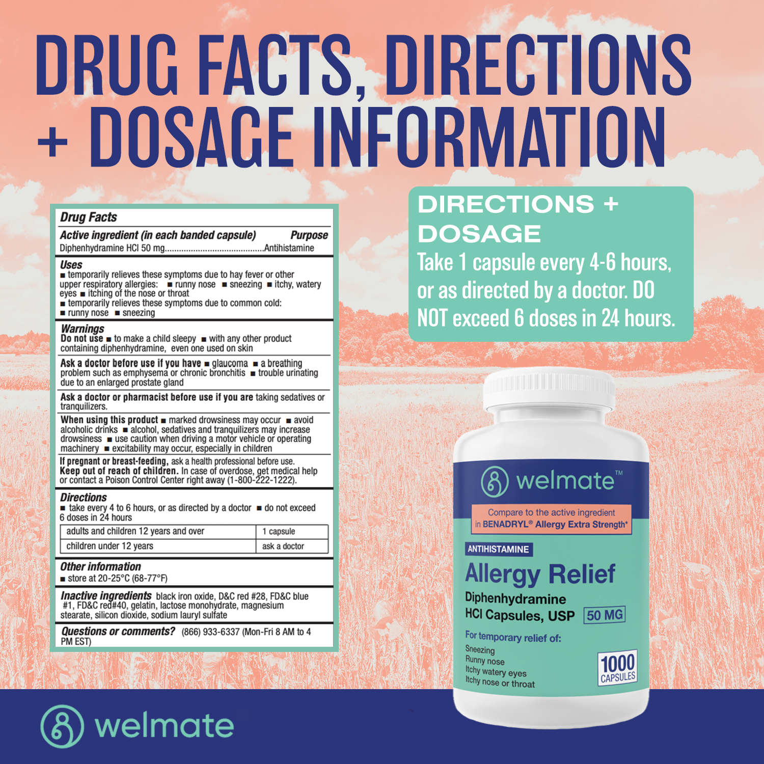 WELMATE Allergy Relief | Diphenhydramine 50 mg | 1000 Count Capsules