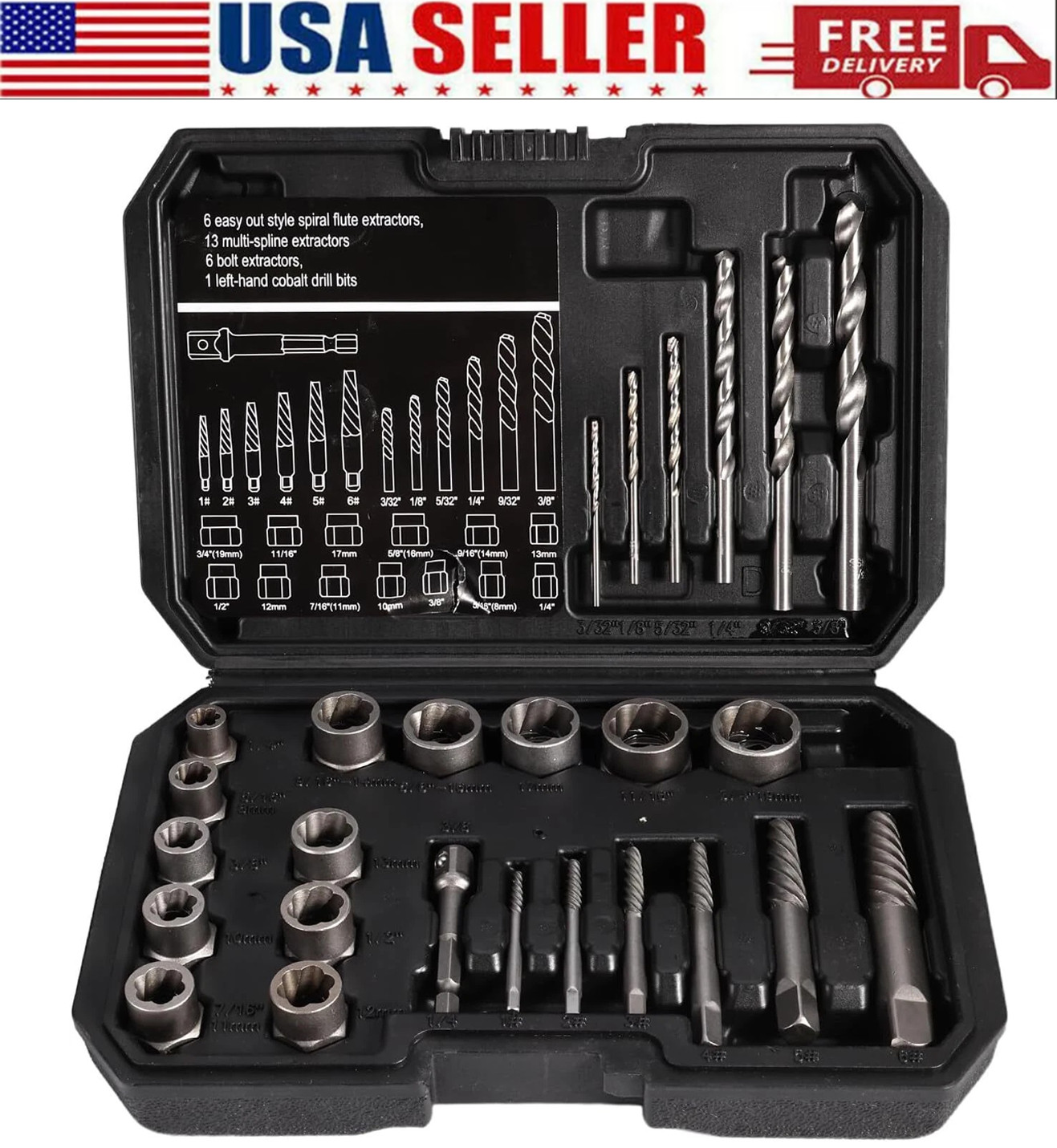 US Screws Bolt Extractor Set W/Drill Bit Kit Lug Nut Extraction Sockets 26pcs