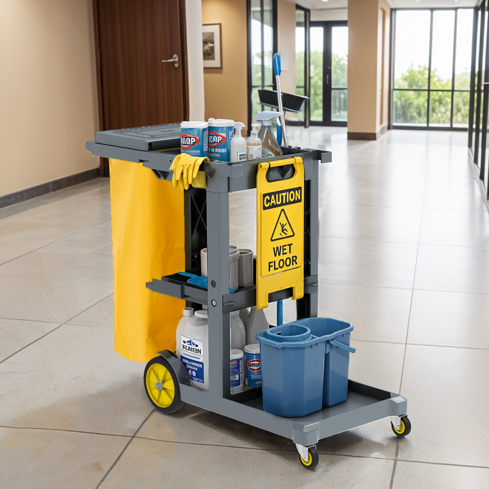 3-Shelf Janitorial Cleaning Cart w/ 2 Trash Bags Commercial Housekeeping Trolley